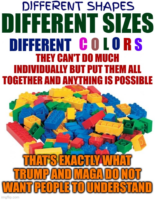 Together We Can Accomplish Everything.  Divided We Fall.  Trump And Maga Know That | DIFFERENT SHAPES; DIFFERENT SIZES; O; R; L; S; O; C; DIFFERENT; THEY CAN'T DO MUCH INDIVIDUALLY BUT PUT THEM ALL TOGETHER AND ANYTHING IS POSSIBLE; THAT'S EXACTLY WHAT TRUMP AND MAGA DO NOT WANT PEOPLE TO UNDERSTAND | image tagged in lego,maga,united we stand,divided we fall,wake up,impeach trump | made w/ Imgflip meme maker