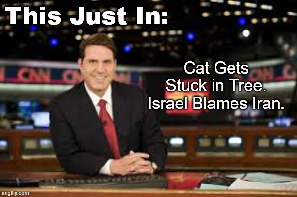 Another day, another psyop. | This Just In:; Cat Gets Stuck in Tree. Israel Blames Iran. | image tagged in newscaster | made w/ Imgflip meme maker