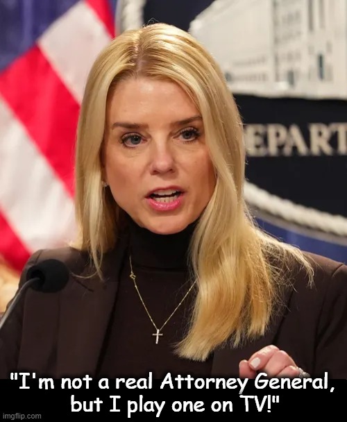 Step It Up, Pam! | "I'm not a real Attorney General, 
but I play one on TV!" | image tagged in i was not expecting that,more,indictments,evidence,do your job,it is time to go | made w/ Imgflip meme maker