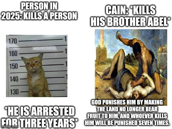 Blank White Template | CAIN: *KILLS HIS BROTHER ABEL*; PERSON IN 2025: KILLS A PERSON; *HE IS ARRESTED FOR THREE YEARS*; GOD PUNISHES HIM BY MAKING THE LAND NO LONGER BEAR FRUIT TO HIM, AND WHOEVER KILLS HIM WILL BE PUNISHED SEVEN TIMES. | image tagged in blank white template | made w/ Imgflip meme maker