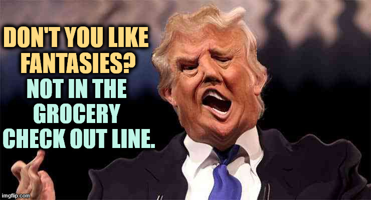DON'T YOU LIKE 
FANTASIES? NOT IN THE 
GROCERY 
CHECK OUT LINE. | image tagged in trump,fantasy,liar,incompetence,cost of living,affordability | made w/ Imgflip meme maker