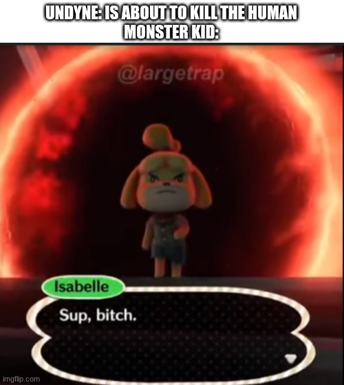 "Yo! Undyne is so cool! I'm going to get in her way every time she tries to do something!" | UNDYNE: IS ABOUT TO KILL THE HUMAN
MONSTER KID: | image tagged in blank white template,isabelle sup bitch | made w/ Imgflip meme maker