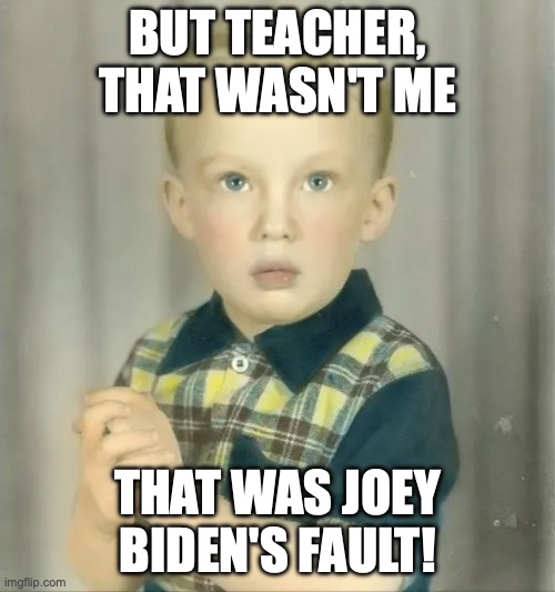 Donald Trump started really young taking all the credit and none of the blame | BUT TEACHER, THAT WASN'T ME; THAT WAS JOEY BIDEN'S FAULT! | image tagged in donald trump as a toddler,scapegoat,liar liar pants on fire,detention,joe biden | made w/ Imgflip meme maker