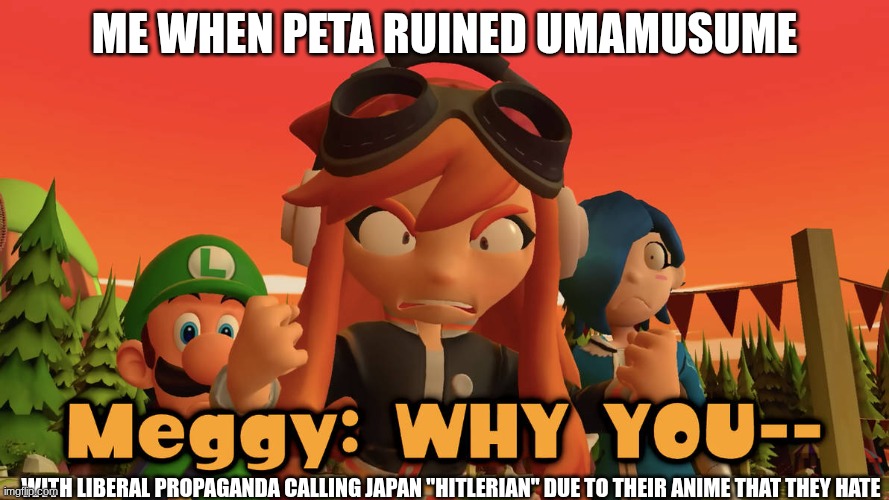 Why you, Peta. I hate peta so much! | ME WHEN PETA RUINED UMAMUSUME; WITH LIBERAL PROPAGANDA CALLING JAPAN "HITLERIAN" DUE TO THEIR ANIME THAT THEY HATE | image tagged in meggy angry why you | made w/ Imgflip meme maker