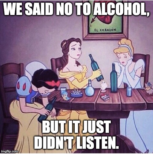 Oh princess! | WE SAID NO TO ALCOHOL, BUT IT JUST DIDN'T LISTEN. | image tagged in drunk disney,alcoholism,bender,disney princess,not listening | made w/ Imgflip meme maker