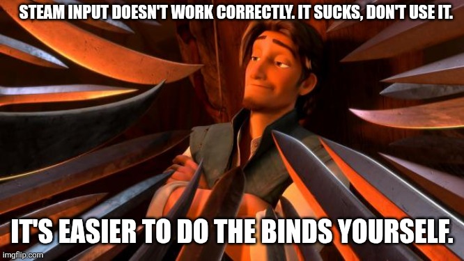 Flynn rider swords | STEAM INPUT DOESN'T WORK CORRECTLY. IT SUCKS, DON'T USE IT. IT'S EASIER TO DO THE BINDS YOURSELF. | image tagged in flynn rider swords | made w/ Imgflip meme maker