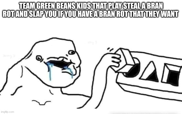 green bean kids | TEAM GREEN BEANS KIDS THAT PLAY STEAL A BRAN ROT AND SLAP YOU IF YOU HAVE A BRAN ROT THAT THEY WANT | image tagged in stupid dumb drooling puzzle | made w/ Imgflip meme maker