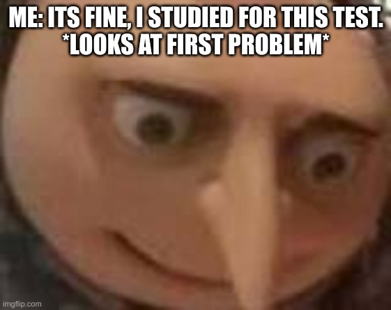 gru | ME: ITS FINE, I STUDIED FOR THIS TEST.
*LOOKS AT FIRST PROBLEM* | image tagged in gru | made w/ Imgflip meme maker