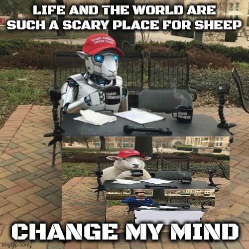 THE WORLD IS A SCARY PLACE! | LIFE AND THE WORLD ARE SUCH A SCARY PLACE FOR SHEEP; CHANGE MY MIND | image tagged in maga,trump,sheep,the world is a scary place,change my mind,change my mind crowder | made w/ Imgflip meme maker