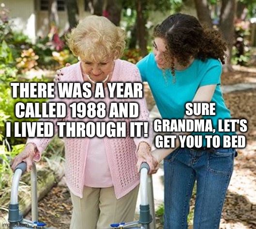 Sure grandma let's get you to bed | THERE WAS A YEAR CALLED 1988 AND I LIVED THROUGH IT! SURE GRANDMA, LET'S GET YOU BACK TO BED | image tagged in sure grandma let's get you to bed | made w/ Imgflip meme maker