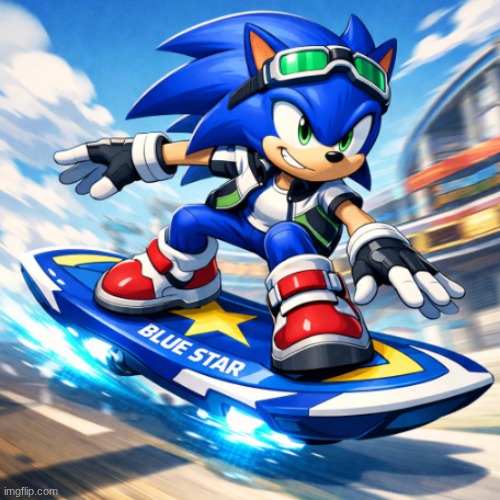 Sonic on his hoverboard from Sonic Riders ( AI generated image ) | image tagged in sonic the hedgehog,sonic | made w/ Imgflip meme maker