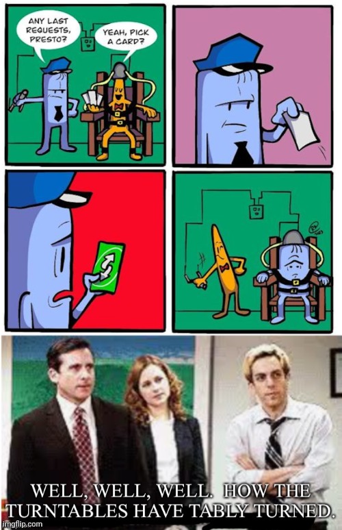 Electric chair switch time | image tagged in well well well how the turntables have tably turned,electric chair,comic,dark humor,memes,card | made w/ Imgflip meme maker