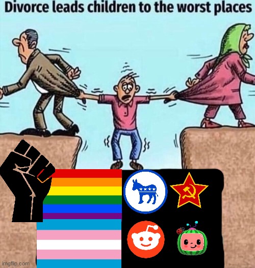 Woke = Racism and I have no problem with LGTBQ but when they shove it in people's faces that's a problem | image tagged in divorce leads children to the worst places | made w/ Imgflip meme maker