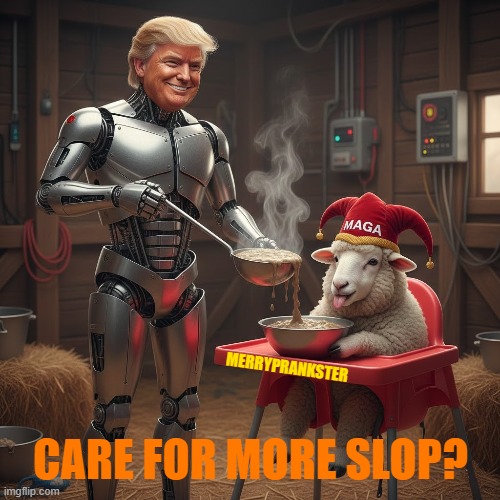CARE FOR MORE SLOP? | MERRYPRANKSTER; CARE FOR MORE SLOP? | image tagged in trump,maga,merrypranskter,sheep,slop,ai | made w/ Imgflip meme maker