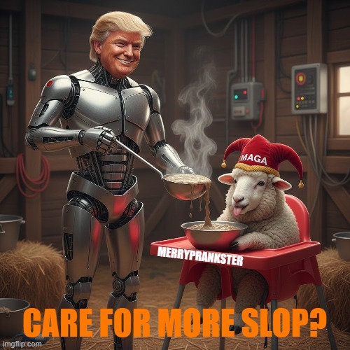 CARE FOR MORE SLOP? | MERRYPRANKSTER; CARE FOR MORE SLOP? | image tagged in trump,merryprankster,maga,ai,slop,jester clown man | made w/ Imgflip meme maker