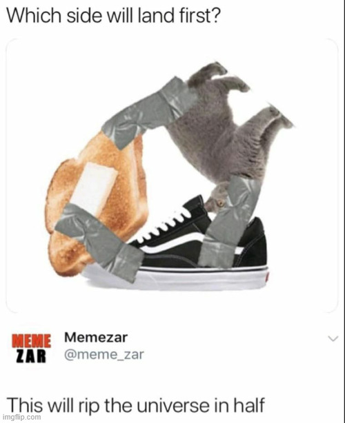 Which side will land first? | image tagged in memes,meme,land,side,universe | made w/ Imgflip meme maker