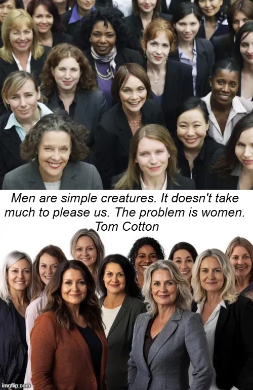 True or False? | Men are simple creatures. It doesn't take 
much to please us. The problem is women. 
Tom Cotton | image tagged in men,women,statement,honey tell me what's wrong,problem,modern problems require modern solutions | made w/ Imgflip meme maker
