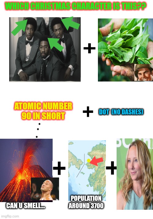 Christmas quiz # 816, first correct answer gets 5 whole upvotes, enjoy | WHICH CHRISTMAS CHARACTER IS THIS?? ATOMIC NUMBER 90 IN SHORT; DOT  (NO DASHES); POPULATION AROUND 3700; CAN U SMELL... | image tagged in christmas,time for quiz,capice | made w/ Imgflip meme maker