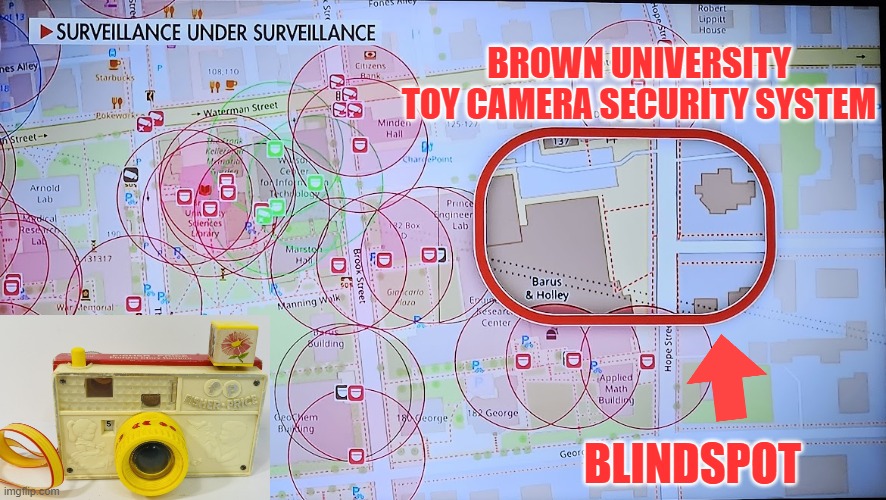 Brown University Toy Camera Security System BLINDSPOT | BROWN UNIVERSITY TOY CAMERA SECURITY SYSTEM; BLINDSPOT | image tagged in brown university,incompetence,providencepd,shooting,cover up,national security | made w/ Imgflip meme maker