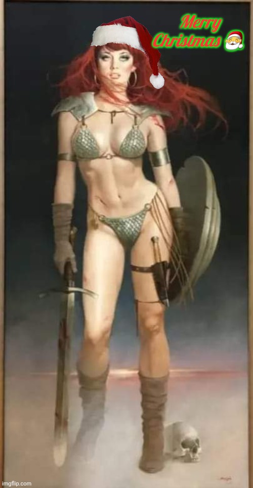 Red Sonja merry Christmas | Merry Christmas 🎅 | image tagged in red,unsheathing sword,christmas memes | made w/ Imgflip meme maker