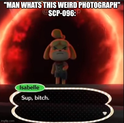 Isabelle sup bitch | "MAN WHATS THIS WEIRD PHOTOGRAPH"
SCP-096: | image tagged in isabelle sup bitch | made w/ Imgflip meme maker