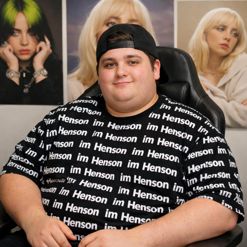 Guy with the print „im Henson“ all over his shirt fat guy looks Blank Meme Template