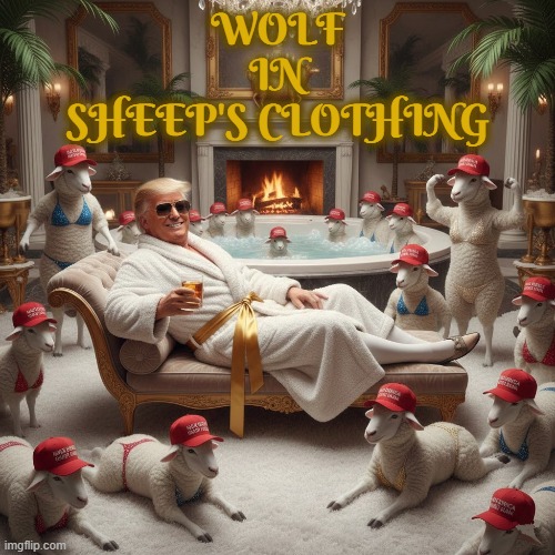 WOLF IN SHEEP'S CLOTHING | WOLF
IN
SHEEP'S CLOTHING | image tagged in wolf in sheep's clothing,trump,maga,sheep,wolf,political meme | made w/ Imgflip meme maker