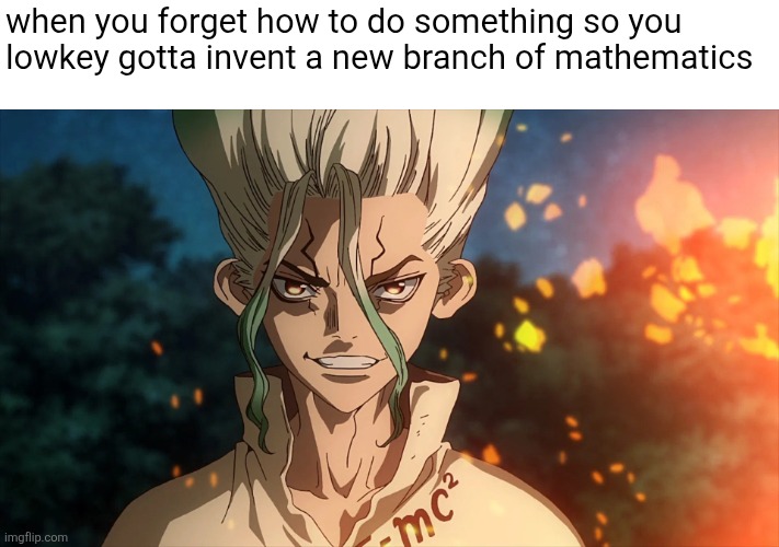 dr stone senku | when you forget how to do something so you
lowkey gotta invent a new branch of mathematics | image tagged in dr stone senku | made w/ Imgflip meme maker