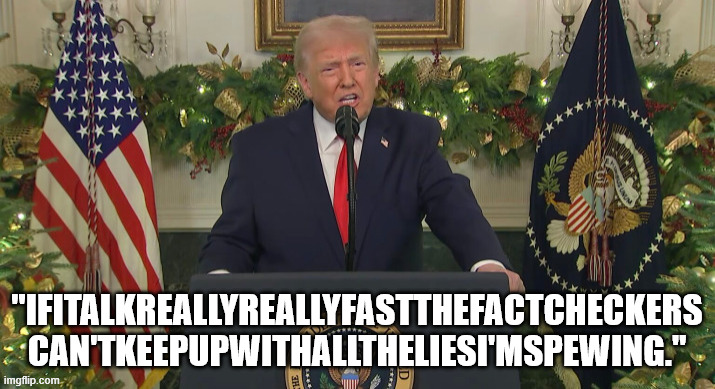 LOTS OF B.S. VERY LOUD VERY FAST. 10 YEARS RUNNING. | "IFITALKREALLYREALLYFASTTHEFACTCHECKERS
CAN'TKEEPUPWITHALLTHELIESI'MSPEWING." | image tagged in trump is the end of democracy,hey maga how is your grocery bill,trump is a pos | made w/ Imgflip meme maker