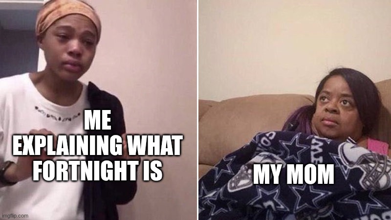 Me explaining to my mom | ME EXPLAINING WHAT FORTNIGHT IS; MY MOM | image tagged in me explaining to my mom | made w/ Imgflip meme maker