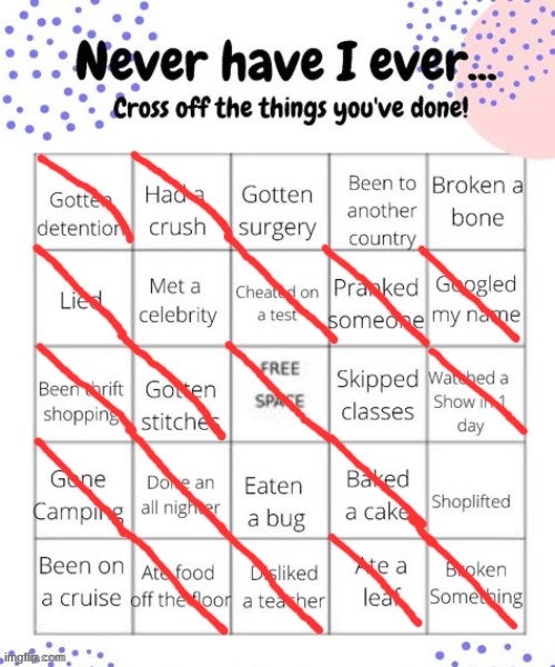 see any bingos? I dont | image tagged in never have i ever o | made w/ Imgflip meme maker