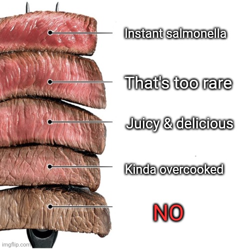 Real guide to steak temperatures (joke) | Instant salmonella; That's too rare; Juicy & delicious; Kinda overcooked; NO | image tagged in steak,temperature,unpopular opinion,why are you reading the tags,just kidding | made w/ Imgflip meme maker