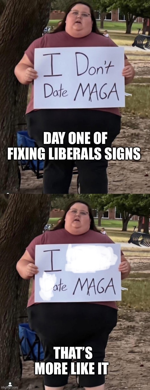 DAY ONE OF FIXING LIBERALS SIGNS; THAT’S MORE LIKE IT | made w/ Imgflip meme maker