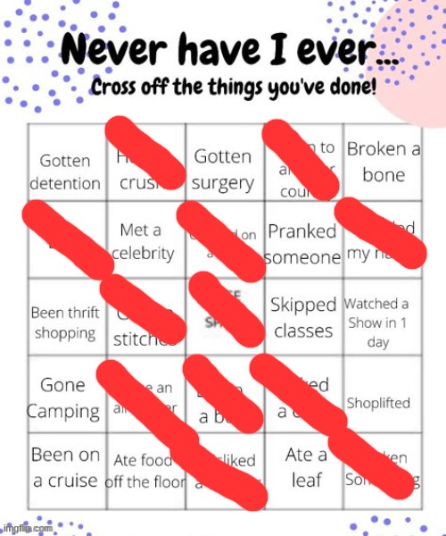no bingo :< | image tagged in never have i ever o | made w/ Imgflip meme maker