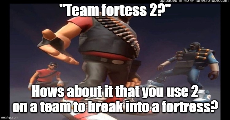 Drip fortress 2 | "Team fortess 2?"; Hows about it that you use 2 on a team to break into a fortress? | image tagged in drip fortress 2 | made w/ Imgflip meme maker