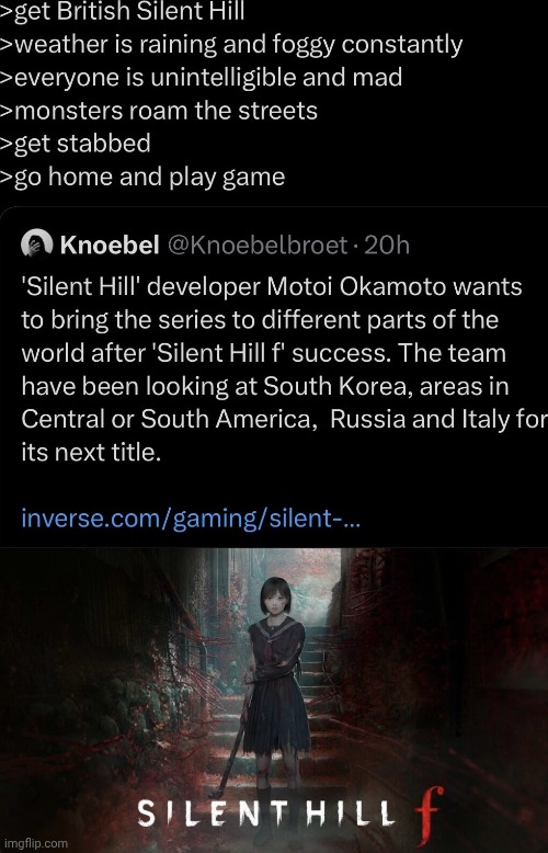 image tagged in silent hill,f,gaming,horror,british | made w/ Imgflip meme maker