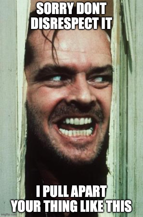 Here's Johnny | SORRY DONT DISRESPECT IT; I PULL APART YOUR THING LIKE THIS | image tagged in memes,here's johnny | made w/ Imgflip meme maker
