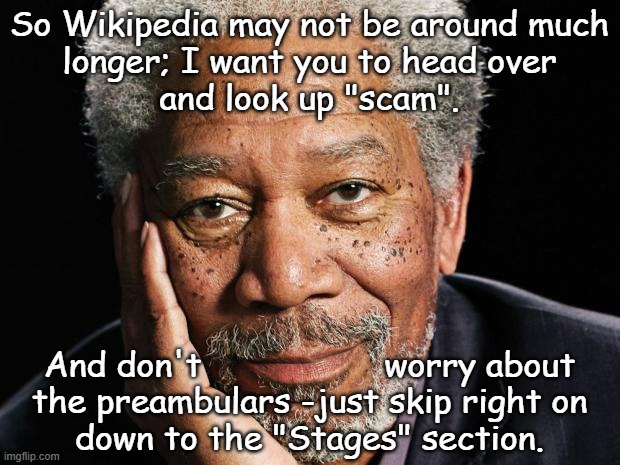 Heya, Trump-cult kids, you got a minute? | So Wikipedia may not be around much
longer; I want you to head over
and look up "scam". And don't                  worry about
the preambulars -just skip right on
down to the "Stages" section. | image tagged in trump,con man,wikipedia,insufficient funding,existential threat to non-profits | made w/ Imgflip meme maker
