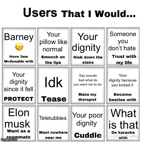 Idk what I did | Someone you don’t hate; Barney 🙂‍↔️; Your pillow like normal; Your dignity; Say sounds bad what do you want me to do; Idk; Your dignity because you kicked it; Your dignity since it fell; Teletubbies; Elon musk; What is that; Your poor dignity | image tagged in users that i would chart | made w/ Imgflip meme maker