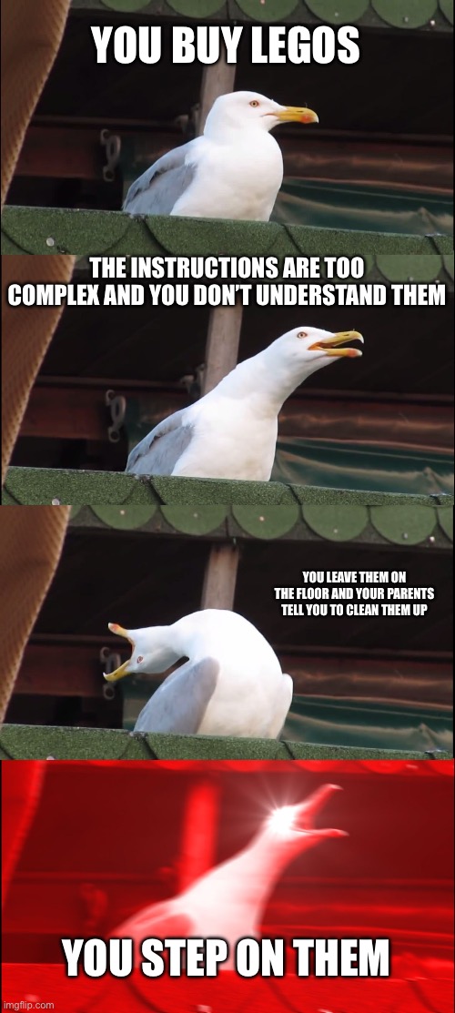 Inhaling Seagull | YOU BUY LEGOS; THE INSTRUCTIONS ARE TOO COMPLEX AND YOU DON’T UNDERSTAND THEM; YOU LEAVE THEM ON THE FLOOR AND YOUR PARENTS TELL YOU TO CLEAN THEM UP; YOU STEP ON THEM | image tagged in memes,inhaling seagull | made w/ Imgflip meme maker
