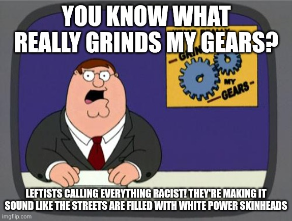 They're acting like we're lynching everyone who's not white | YOU KNOW WHAT REALLY GRINDS MY GEARS? LEFTISTS CALLING EVERYTHING RACIST! THEY'RE MAKING IT SOUND LIKE THE STREETS ARE FILLED WITH WHITE POWER SKINHEADS | image tagged in you know what really grinds my gears | made w/ Imgflip meme maker