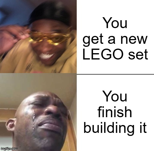 The build is the fun part | You get a new LEGO set; You finish building it | image tagged in wearing sunglasses crying,lego,legos | made w/ Imgflip meme maker
