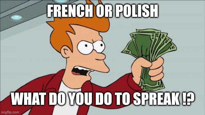 Shut Up And Take My Money Fry | FRENCH OR POLISH; WHAT DO YOU DO TO SPREAK !? | image tagged in memes,shut up and take my money fry | made w/ Imgflip meme maker