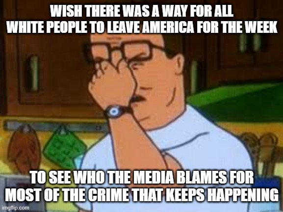 Hank hill | WISH THERE WAS A WAY FOR ALL WHITE PEOPLE TO LEAVE AMERICA FOR THE WEEK; TO SEE WHO THE MEDIA BLAMES FOR MOST OF THE CRIME THAT KEEPS HAPPENING | image tagged in hank hill | made w/ Imgflip meme maker