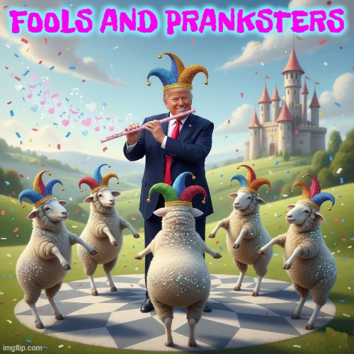 FOOLS AND PANKSTERS | FOOLS AND PRANKSTERS | image tagged in trump,maga,sheep,prankster,fools,jester clown man | made w/ Imgflip meme maker