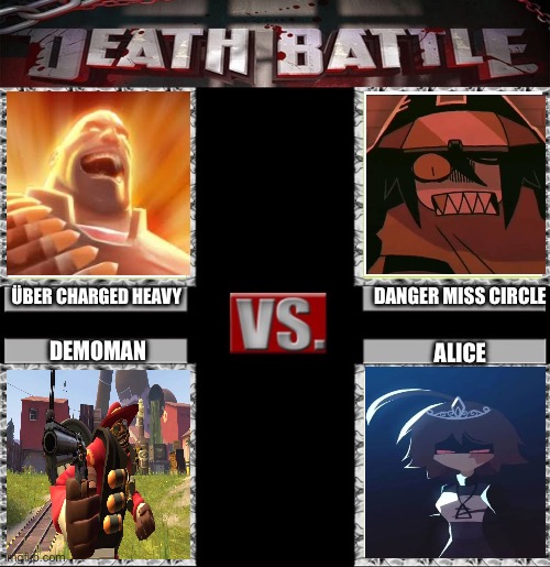Round 2 | DANGER MISS CIRCLE; ÜBER CHARGED HEAVY; DEMOMAN; ALICE | image tagged in death battle of four | made w/ Imgflip meme maker