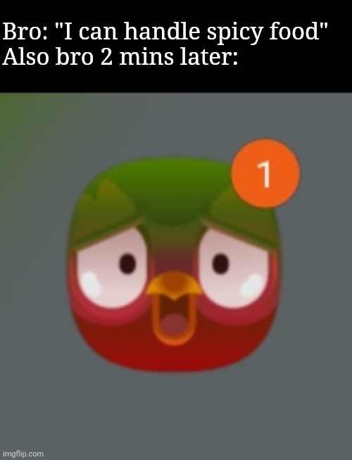 Bro: "I can handle spicy food"
Also bro 2 mins later: | made w/ Imgflip meme maker