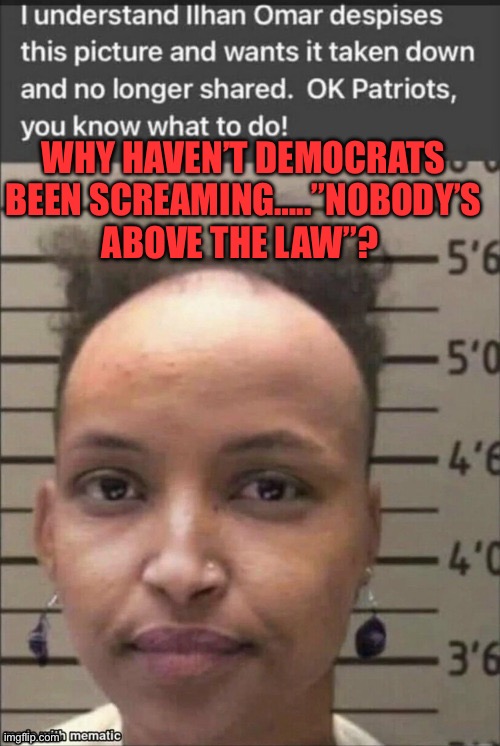 No one is above the law, except Democrats | WHY HAVEN’T DEMOCRATS BEEN SCREAMING…..”NOBODY’S ABOVE THE LAW”? | image tagged in ilhan omar,democrat,hypocrites,democratic socialism,government corruption | made w/ Imgflip meme maker