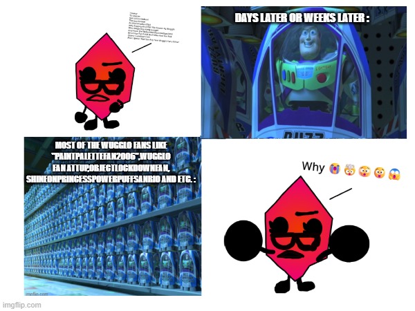 Basscilly One Thing That Olocomedian2004 Always Comeback with new Fans For Some Reason | DAYS LATER OR WEEKS LATER :; MOST OF THE WUGGLO FANS LIKE "PAINTPALETTEFAN2006",WUGGLO FAN ATTUP,OBJECTLOCKDOWNFAN,
SHINEONPRINCESSPOWERPUFFSANRIO AND ETC. : | image tagged in memes,so true memes,true | made w/ Imgflip meme maker