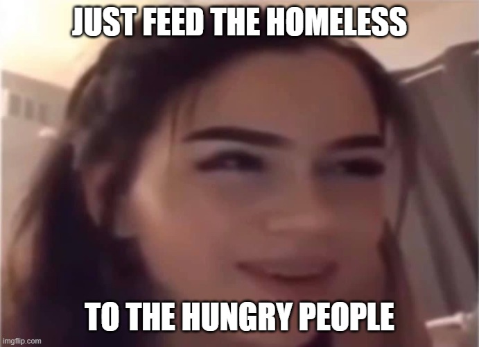 Problem Solver | JUST FEED THE HOMELESS TO THE HUNGRY PEOPLE | image tagged in problem solver | made w/ Imgflip meme maker